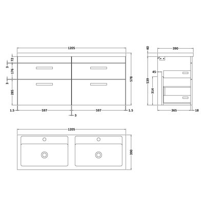 Athena 1205 mm Double Vanity with Integrated Basin