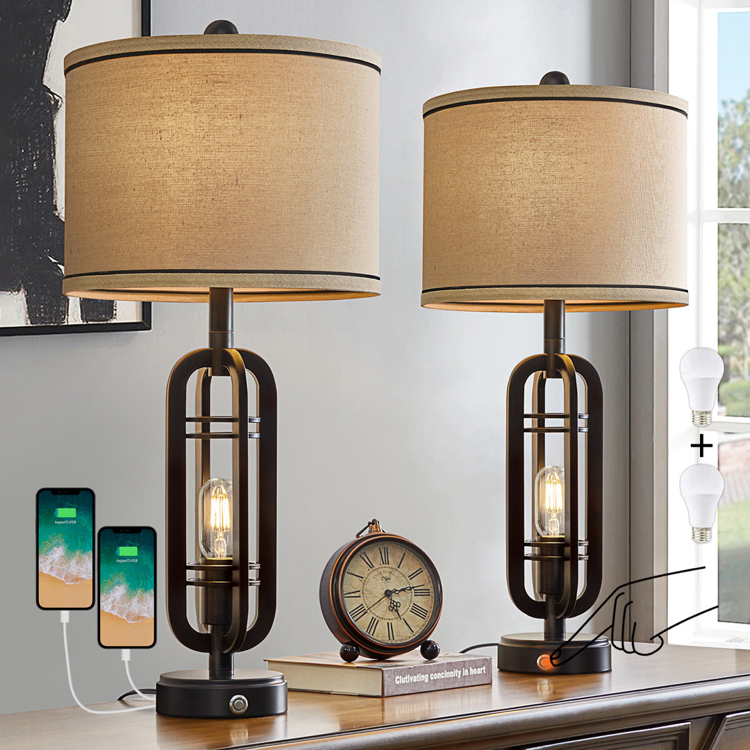 Intissar 27"Industrial Black Living Room Bedside Touch Lamp Modern Bedroom Lamp with USB Port (Set of 2) Mercer41
