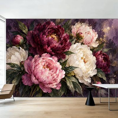 Peel and Stick Wallpaper Vibrant Peony Bouquet Deep Burgundy Pink Blooms Wall Murals 100"H x 144"W Removable PVC Wall Paper Self-Adhesive Wall Decor for Bedroom Living Room Home Office