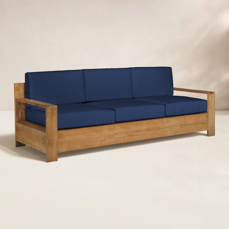 Qube 3 Person Teak Outdoor Sofa With Sunbrella Antique Beige Cushions, Charcoal Grey Sunbrella®, Natural Wood