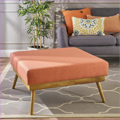 Repose-pieds carré avec pieds en bois d'hévéa évasé, polyester corail 33 pouces