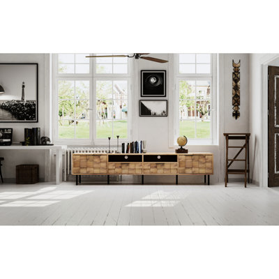 Mid Century Tv Console For Tvs Up To 85 Inches, 78.7 Inch Table With 2 Drawers And Open Storage, Spacious Compartments, Cable Management, Easy Assembly Stand 80 - 89 Tvs, Entertainment Closed