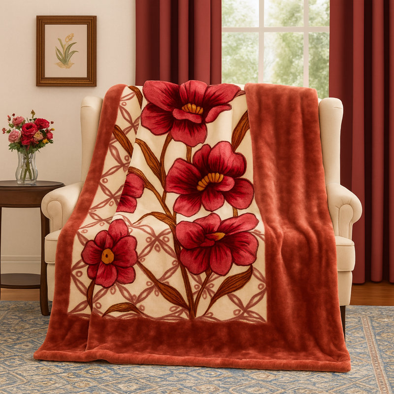 Warm Korean Style Silky Floral Blanket Plush Soft Cozy Winter Bedding 1 Ply Queen Size 8 lbs, Flora 1