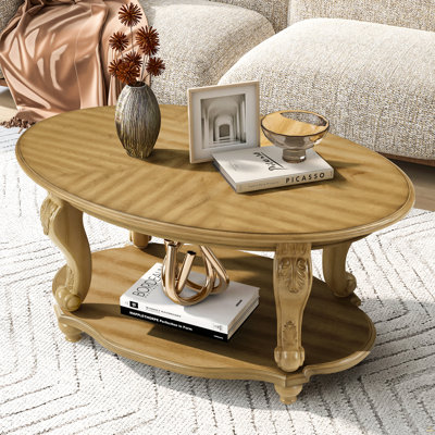 Table basse ovale en bois de 42 po pour le salon, table basse à 2 niveaux en bois massif avec tablette de rangement ouverte, assemblage facile, naturel antique