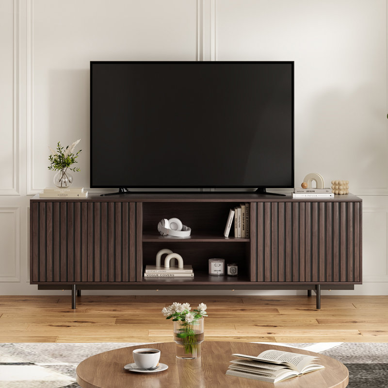 Rectangular TV Stand for TVs up to 75" with Open Shelf, Brown Wood