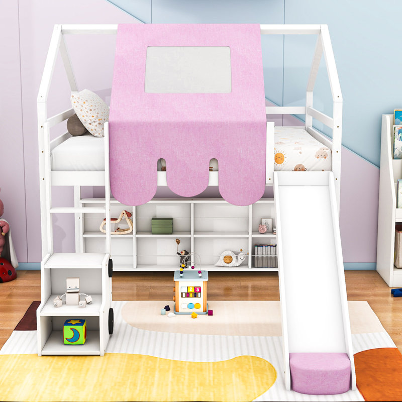 Articia Wooden Loft Bed With Slide And Storage, Full, White Pink