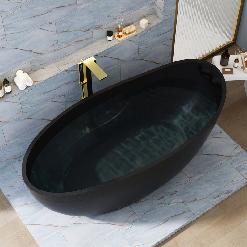 67" x 31.5" Freestanding Soaking Bathtub Gel Coat Bathtub with Rock Texture, Obsidian Black