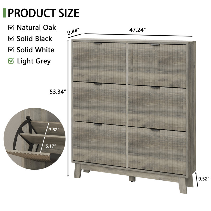 Fluted 53" Tall Shoe Cabinet with 6 Flip Drawers and Metal Handles for Entryway, Gray