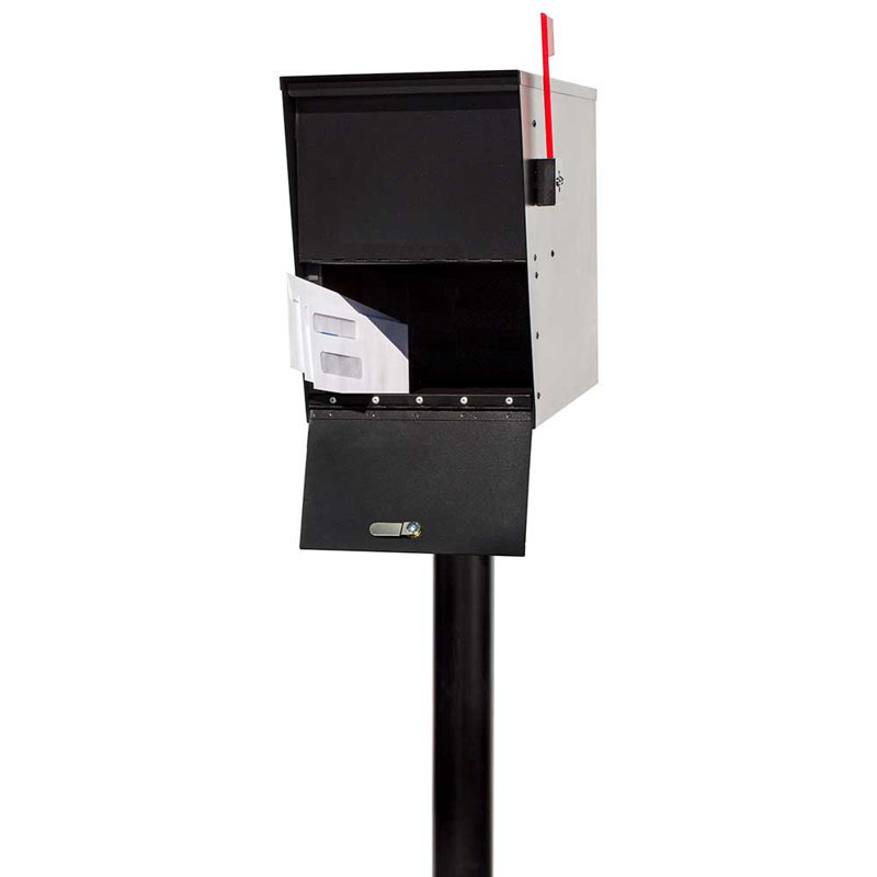 Black Steel Locking Post Mounted Mailbox with Red Flag