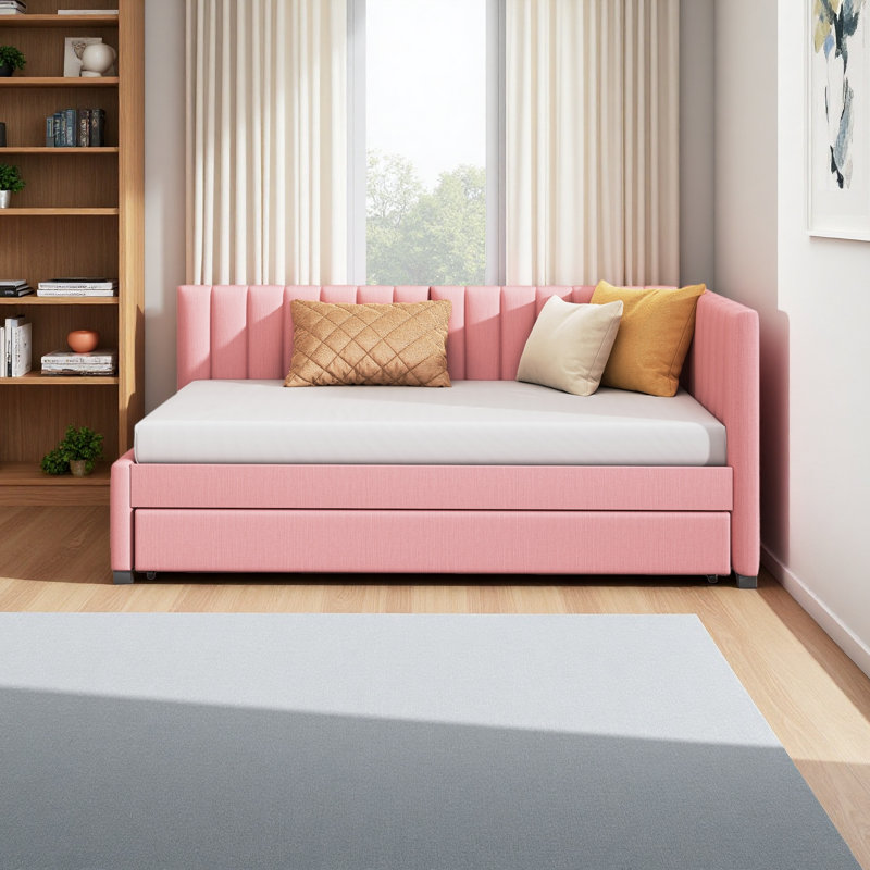 Upholstered Daybed With Trundle Twin Size Sofa Bed Frame No Box Spring Needed, Linen Fabric, Pink