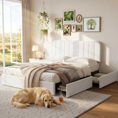 Full Size Bed Frame, Velvet Upholstered Storage Bed with 4 Drawers, Adjustable Headboard, Modern Bedroom Furniture, White