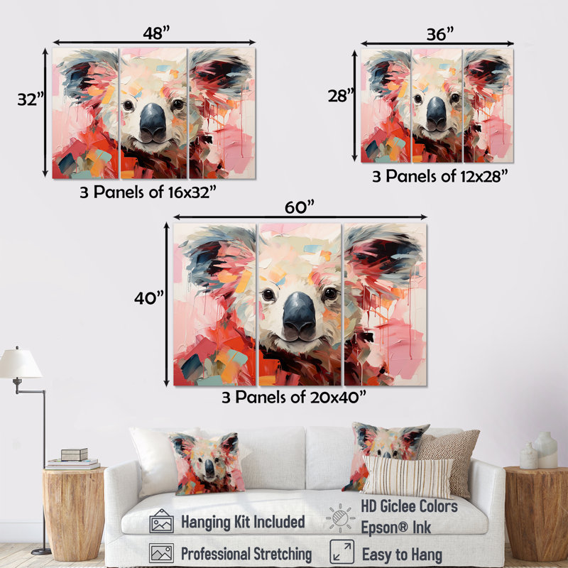 Floral, rose et vert Koala III - Koala, art mural animal, Toile tendue, H 28 po x l 36 po