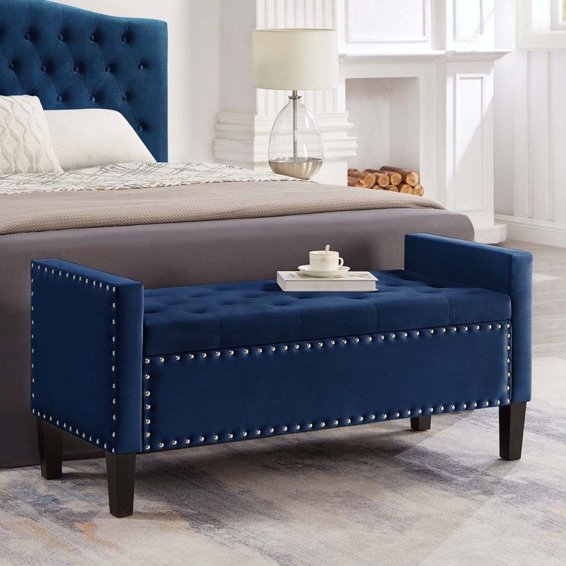 Banc de rangement rembourré en velours Bench-24-1.4, Bleu marine