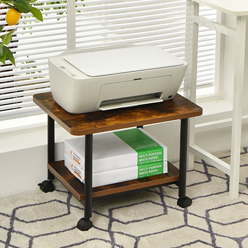 Brown 2-Tier Rolling Under Desk Printer Stand with Storage Shelves
