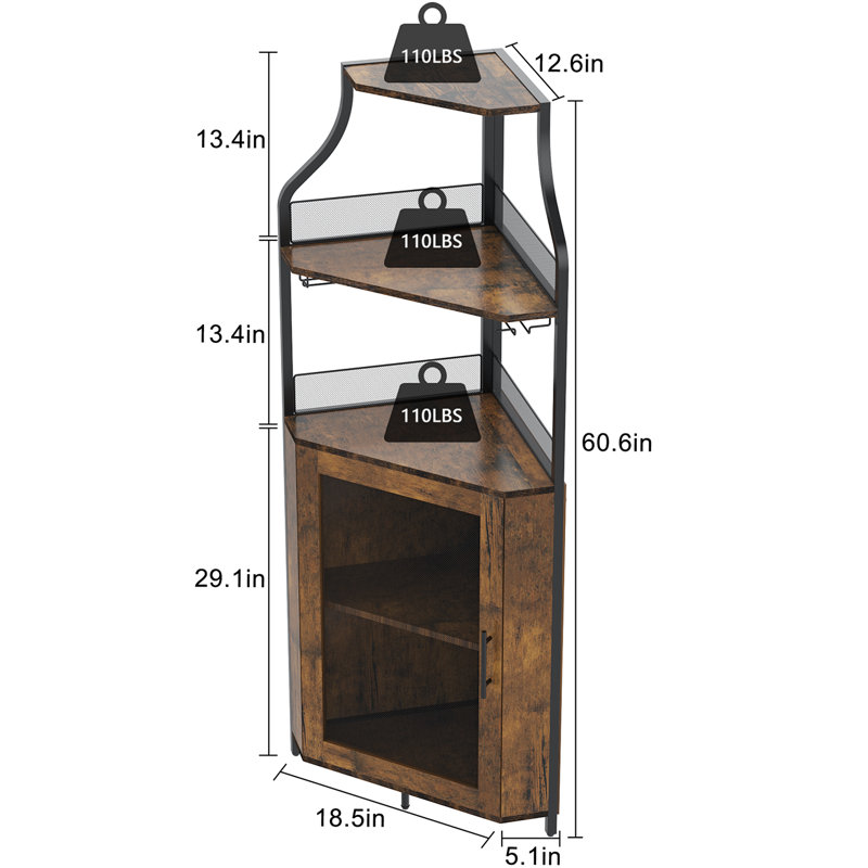Armoire d'angle avec porte-bouteilles amovible et porte-verres, Brun