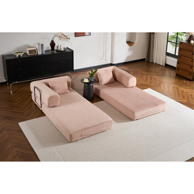 Canapé-lit convertible avec coussin cylindrique, canapé-lit pliant en velours côtelé à structure fixe, canapé-lit de salon pour la chambre à coucher (rose)