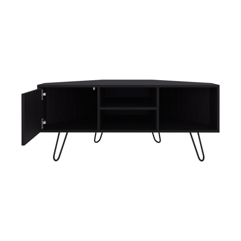 Meuble télé, 1 porte, 3 tablettes, 4 pieds, noir