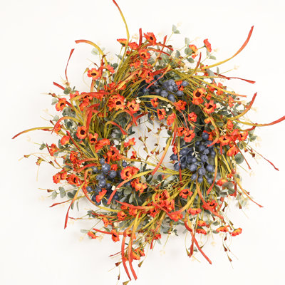 26" Artificial Farmhouse Burnt Orange Poppy Eucalyptus Mixed Autumn Grass Fall Harvest Front Door Wreath Thanksgiving Decor