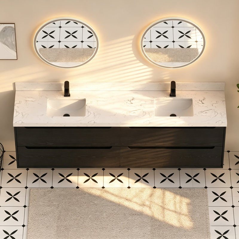 84" White Engineered Stone Vanity Top With Double Rectangular Ceramic Sinks And 4" Backsplash