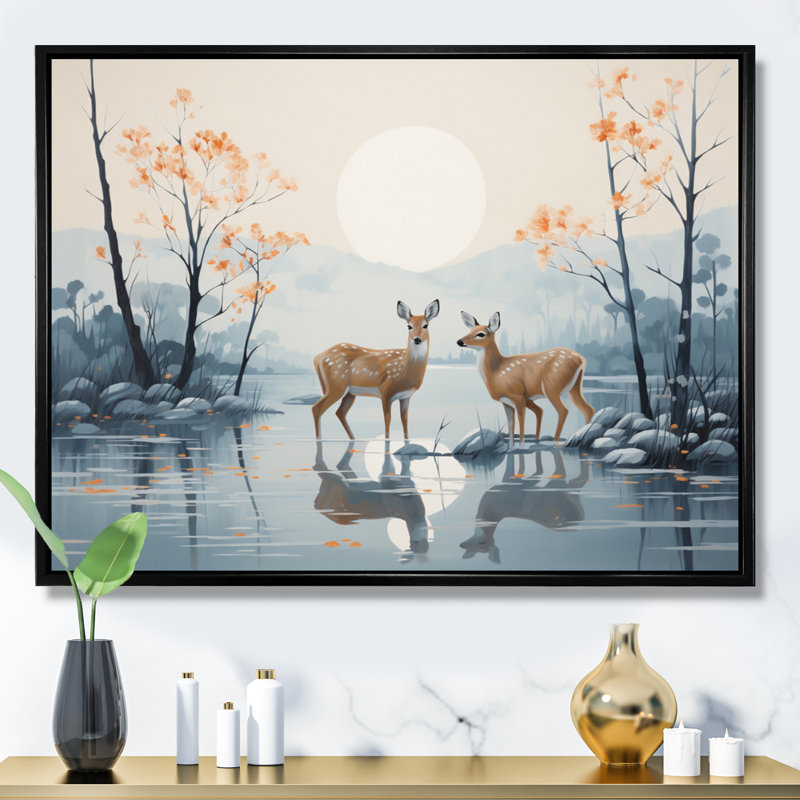 Animal cerf flottant en hiver - impression, H 24 po x l 32 po x P 1 po, Cadre flottant noir