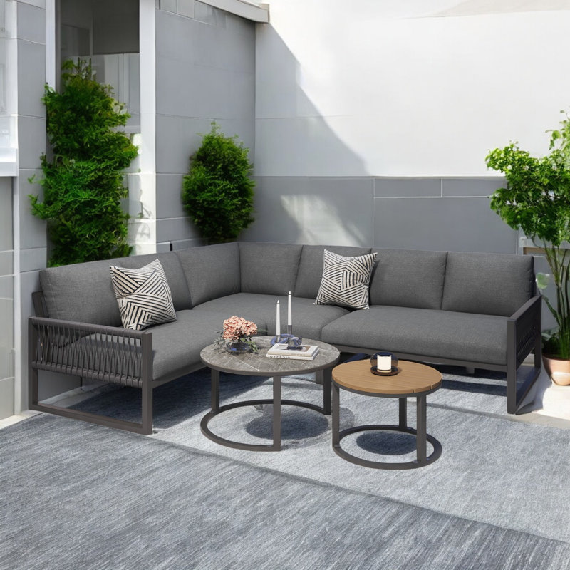 Outdoor Conversation Sets For 6-7 People With Galvanized Iron Frame Corner Sofa, Grey/Black