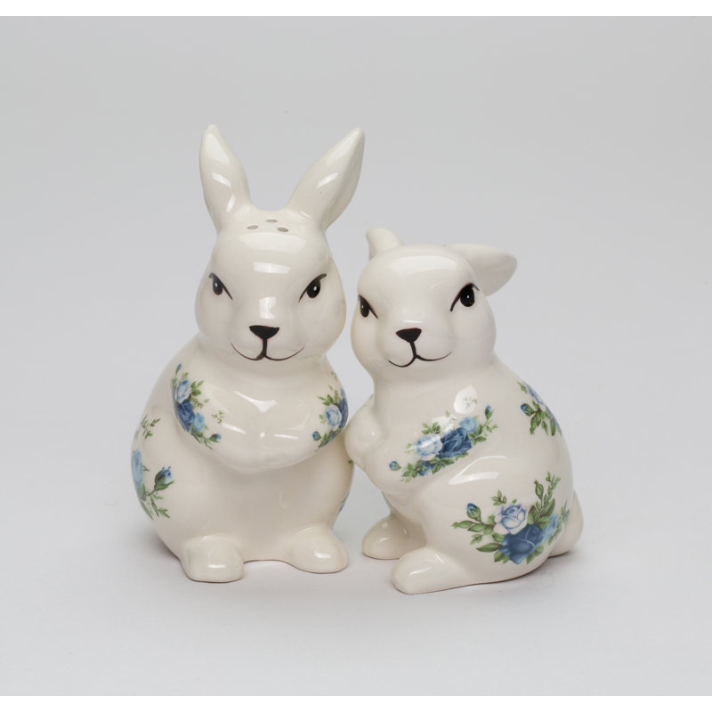 Easter Rabbits With Blue Roses Salt And Pepper