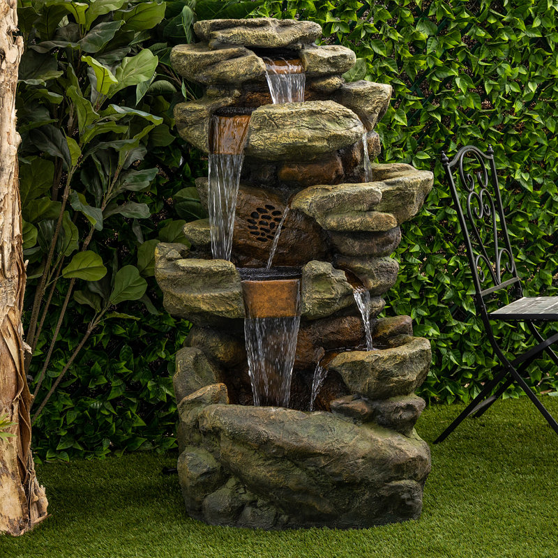 Outdoor Rock Waterfall Fountain with LED Lights and Bluetooth Speaker, 51", Brown