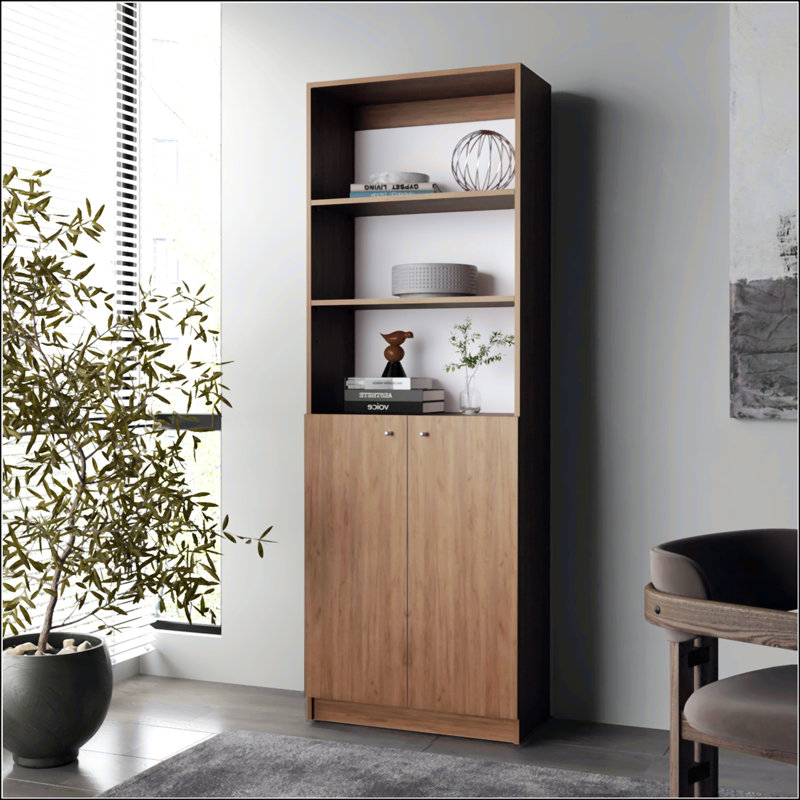 Bibliothèque à 2 portes en chêne naturel et blanc avec rangement ouvert, Chêne
