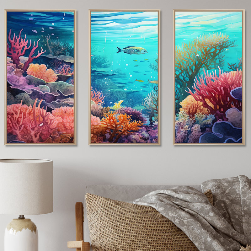 Rose et bleu sous l'eau, corail Wold II, Cadre naturel flottant, H 32 po x l 48 po x P 1 po