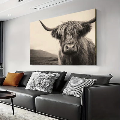Farm Highland Cow Long Horn Cattle Animal Art, Large Gallery Wrapped Canvas Wall Art Print for Living Room & Bedroom