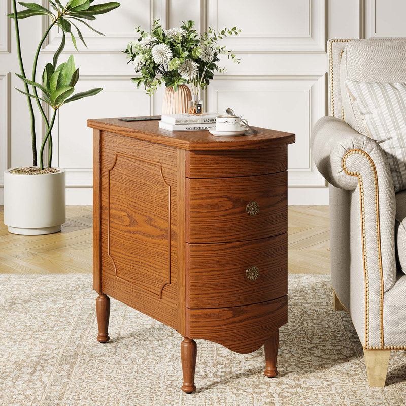 End Table With Charging Station, Narrow Side Table With 2 Drawer, Wood Sofa Side Table With Solid Wood Feet For Living Room, Vintage Slim Nightstand Bedside Table For Bedroom, Pre-Assembled