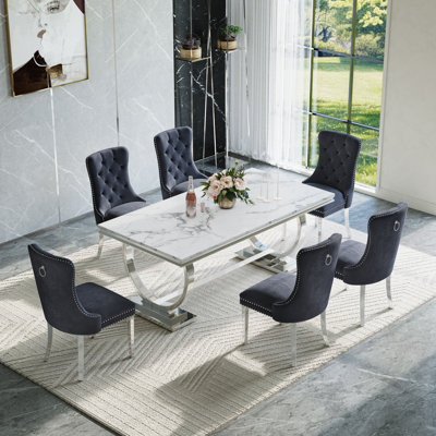 Modern Dining Set – 70" Table With Stainless Steel Base & Velvet Chairs