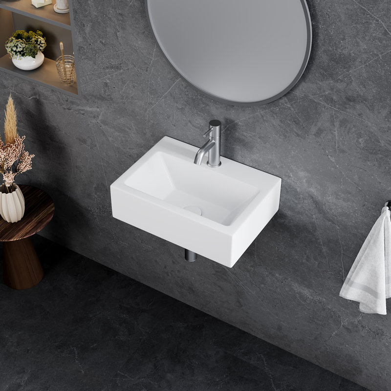 Lavabo de salle de bain mural / vasque rectangulaire en céramique blanche l 17 po x P 12 po