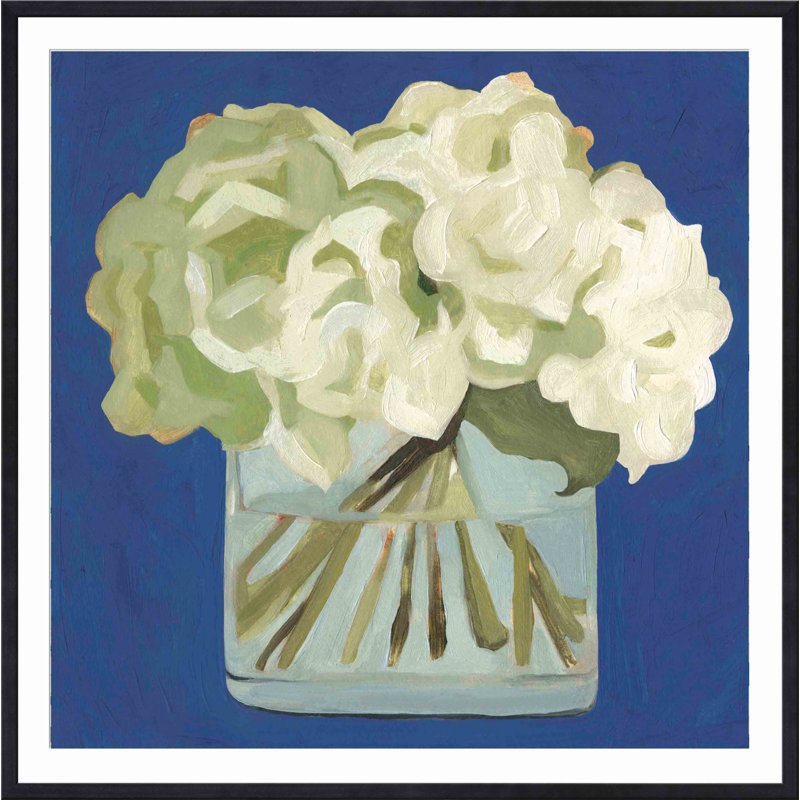 «White Hydrangeas II» par Emma Scarvey - peinture encadrée, Noir, H 12 po x l 12 po