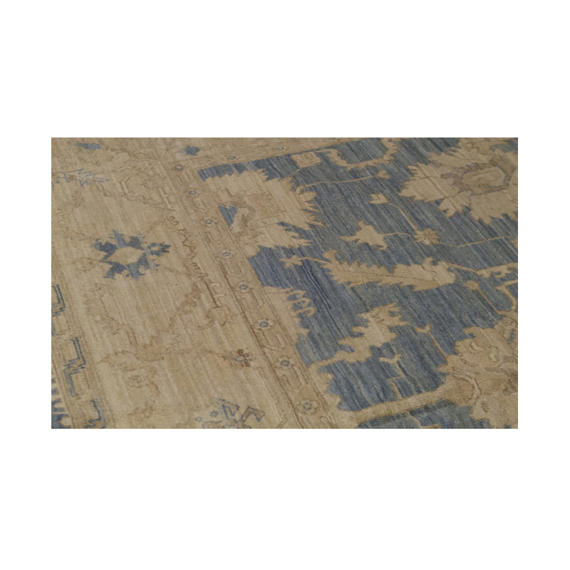 Tapis beige et bleu marine noué à la main de haute qualité