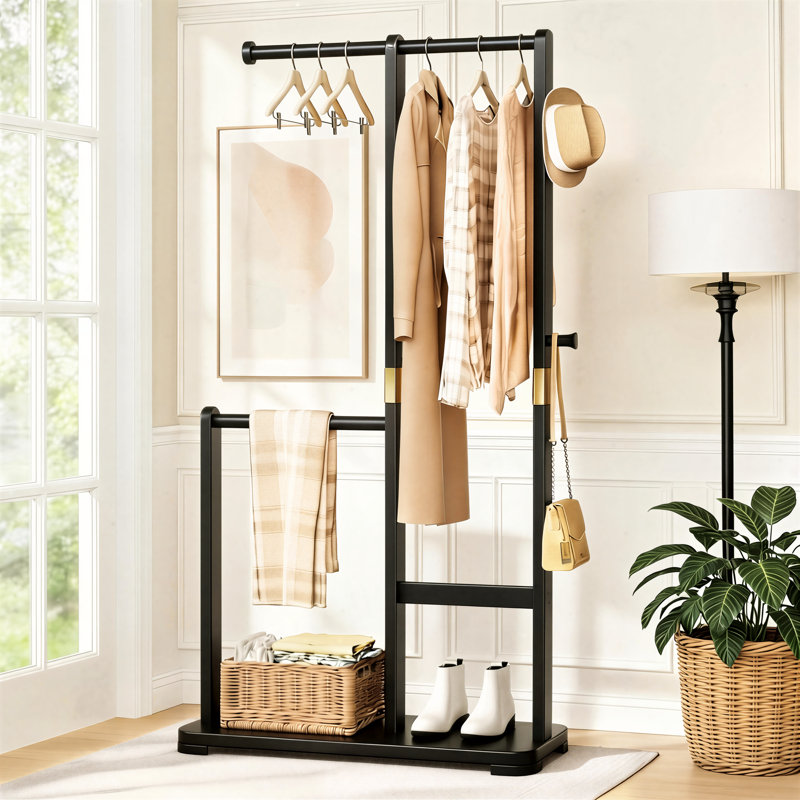 Simple, Upright Solid Wood Coat Rack With Double Hanging Rods For Hanging Various Types Of Clothing. Suitable For Entryways, Bedrooms, And Hallways. Its Compact Design Saves Space In Your Home.