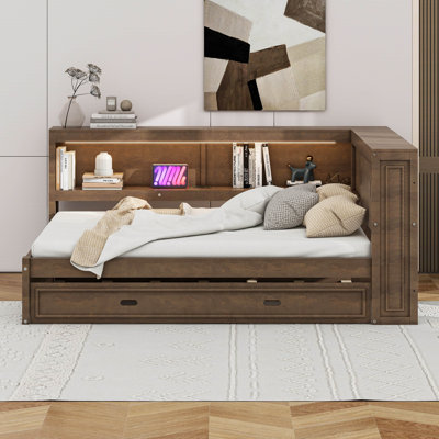 Full Size Wood Daybed With Storage Shelves, USB, LED, And Trundle
