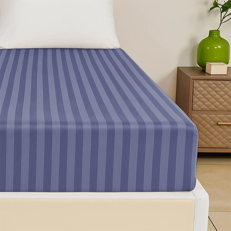 200 Thread Count Microfibre Stripe Fitted Sheet 40cm, Double (4'6), Washed Blue