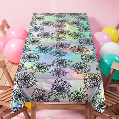 Lot de 2 nappes irisées holographiques à motif toile d'araignée, nappes métallisées effrayantes pour l'Halloween, les fêtes gothiques, les anniversaires, les enterrements de vie de jeune fille et les fêtes d'été.