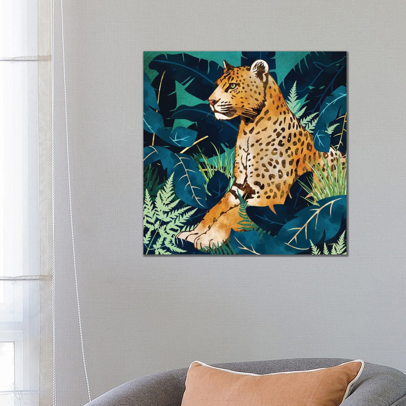 Léopard et indigo botanique, reproduction d'art sur toile tendue, 26" x 26", Gallery Wrapped Canvas, No Frame