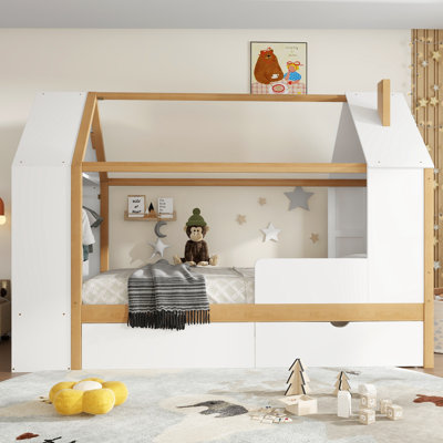 Lit plateforme simple avec tiroirs, lit maison en bois massif avec tablettes, conception enfantine, blanc et naturel