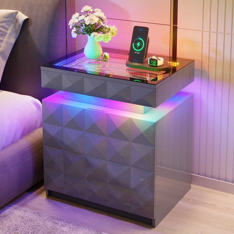 2-Drawer Nightstand with Adjustable RGB Light and Human Body Detection,Fashionable Mirror Visual Design Bedside Table with Charging Station