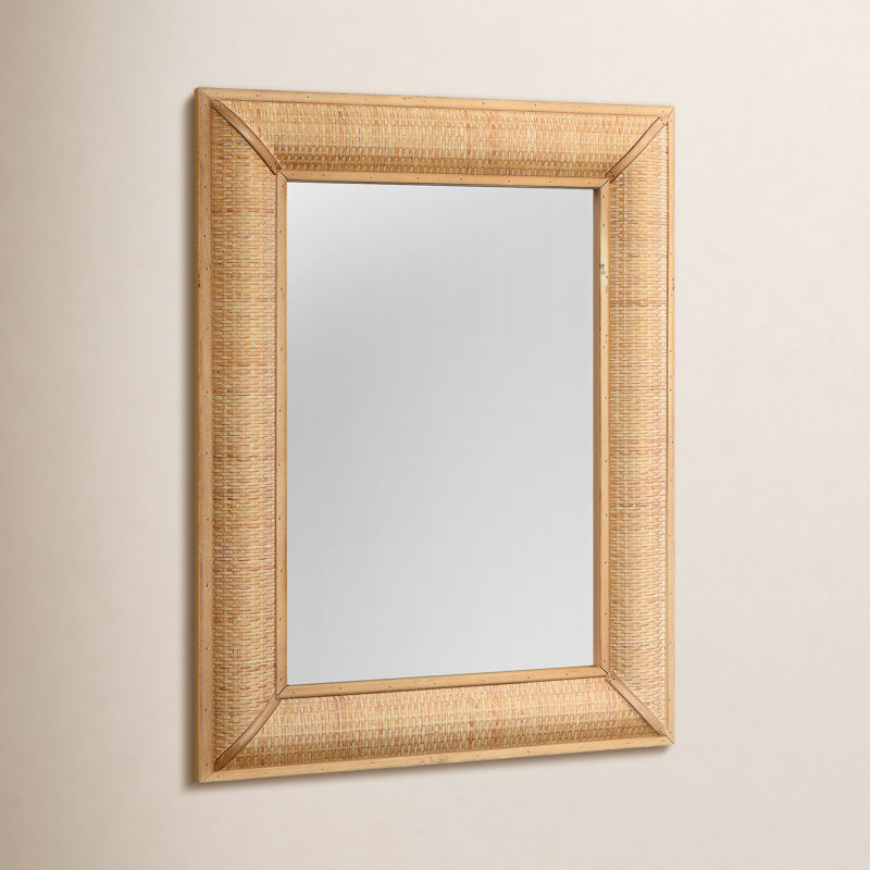 Rectangle Wood Framed Wall Mirror with Rattan Detail, Natural