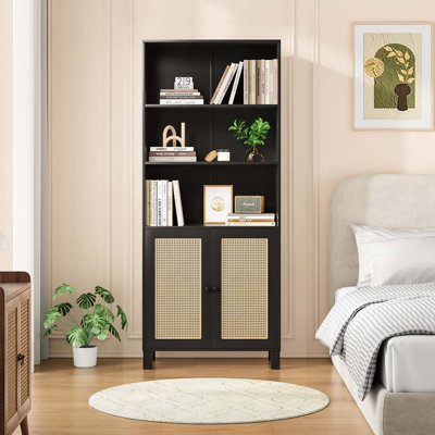 Bibliothèque avec portes en rotin, 5 tablettes de rangement en bois