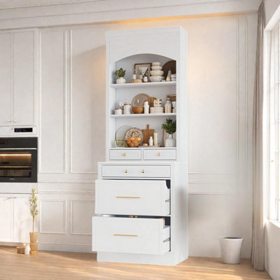 Modern High Kitchen Pantry With Faux Marble Top, 5 Drawers And An Adjustable Shelf by Everly Quinn