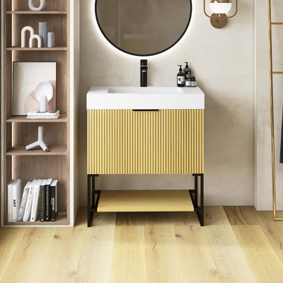 Meuble-lavabo autoportant en contreplaqué rayé pré-assemblé avec lavabo, tiroir et tablette ouverte