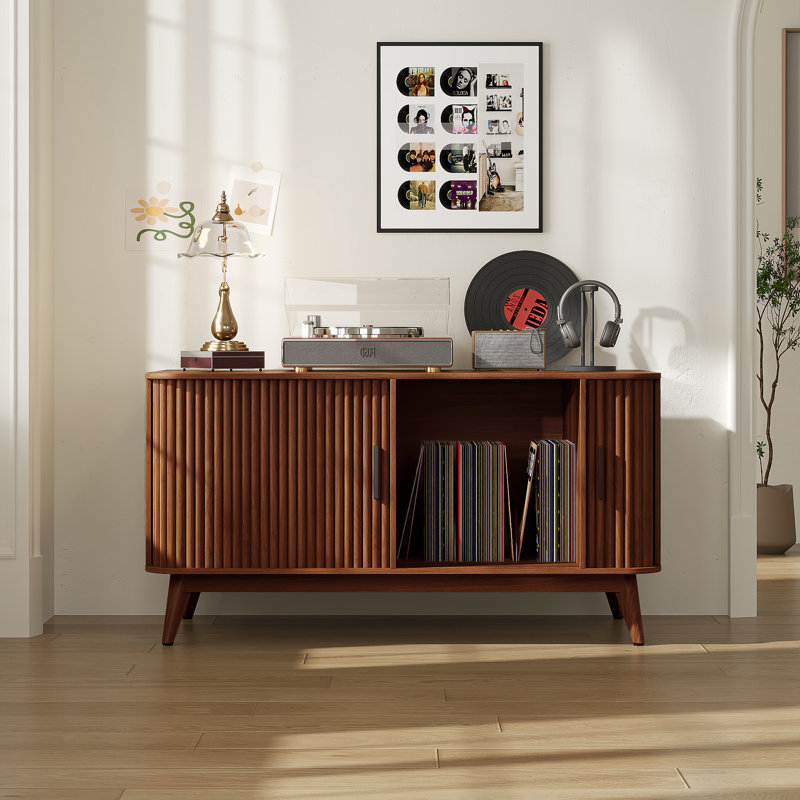 Support pour platine vinyle de taille moyenne (57 cm de hauteur) avec rangement pour disques, idéal pour la chambre ou le salon.
