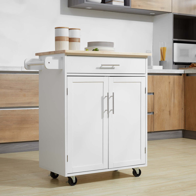 Kitchen Island Cart Rolling Trolley Cart With Drawer, Storage Cabinet & Towel Rack, White