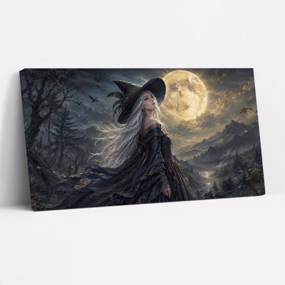 Sorcière au chapeau noir contemplant la pleine lune à l'occasion de l'Halloween - Toile murale