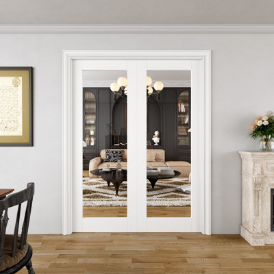 Interior Pocket Doors Bathroom Clear Glass 1-Lite Sliding Pocket Doors Solid Core Manufactured Wood Primed Sliding Doors With Hardware